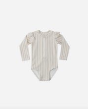 Load image into Gallery viewer, Quincy Mae Byron Rashguard Blue and Butterscotch Stripe Size 3-6m
