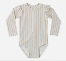 Load image into Gallery viewer, Quincy Mae Byron Rashguard Blue and Butterscotch Stripe Size 3-6m