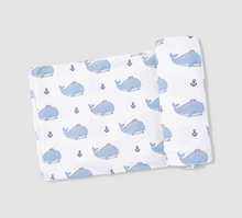 Load image into Gallery viewer, Angel Dear Swaddle Blanket Bubbly Sailor Whales Blue