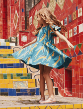 Load image into Gallery viewer, Tea Collection Flutter Sleeve Twirl Dress Blue & Yellow Macaw