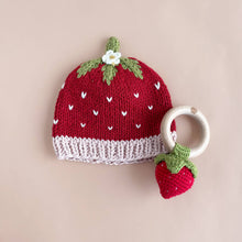 Load image into Gallery viewer, The Blueberry Hill Teether Strawberry Red Cotton Crochet Rattle Baby Toy