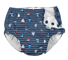 Load image into Gallery viewer, Green Sprouts Swim Diaper Navy Sailboat Stripe Size 6M