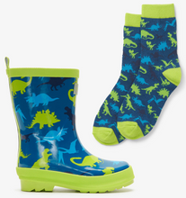 Laden Sie das Bild in den Galerie-Viewer, Hatley Echte Dinos Glänzende Regenstiefel & Passende Socken Marokkanisches Blau