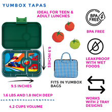 Laden Sie das Bild in den Galerie-Viewer, Yumbox Auslaufsichere Tapas Greenwich Grün 4 Fächer Rennautos Tablett
