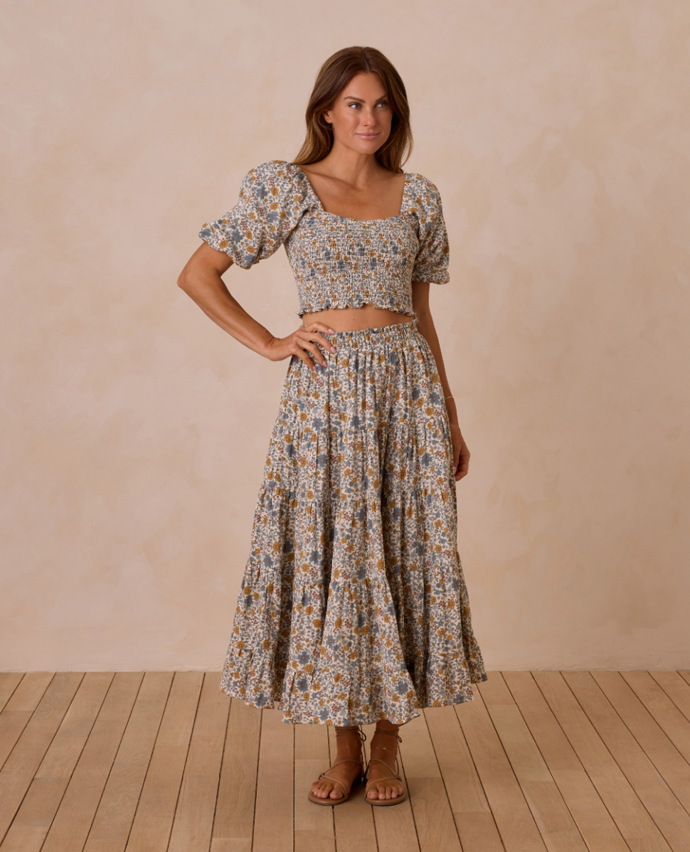 Rylee + Cru Ruffle Tiered Maxi Skirt Gardenia