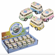 Load image into Gallery viewer, VW Flower Power Bus Pull Back Toy – 2" Die-Cast Pastel Mini Bus
