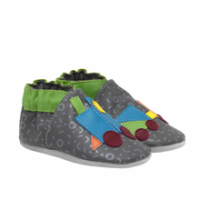 Load image into Gallery viewer, Robeez Soft Sole Baby Shoes, Gray Train Blocks
