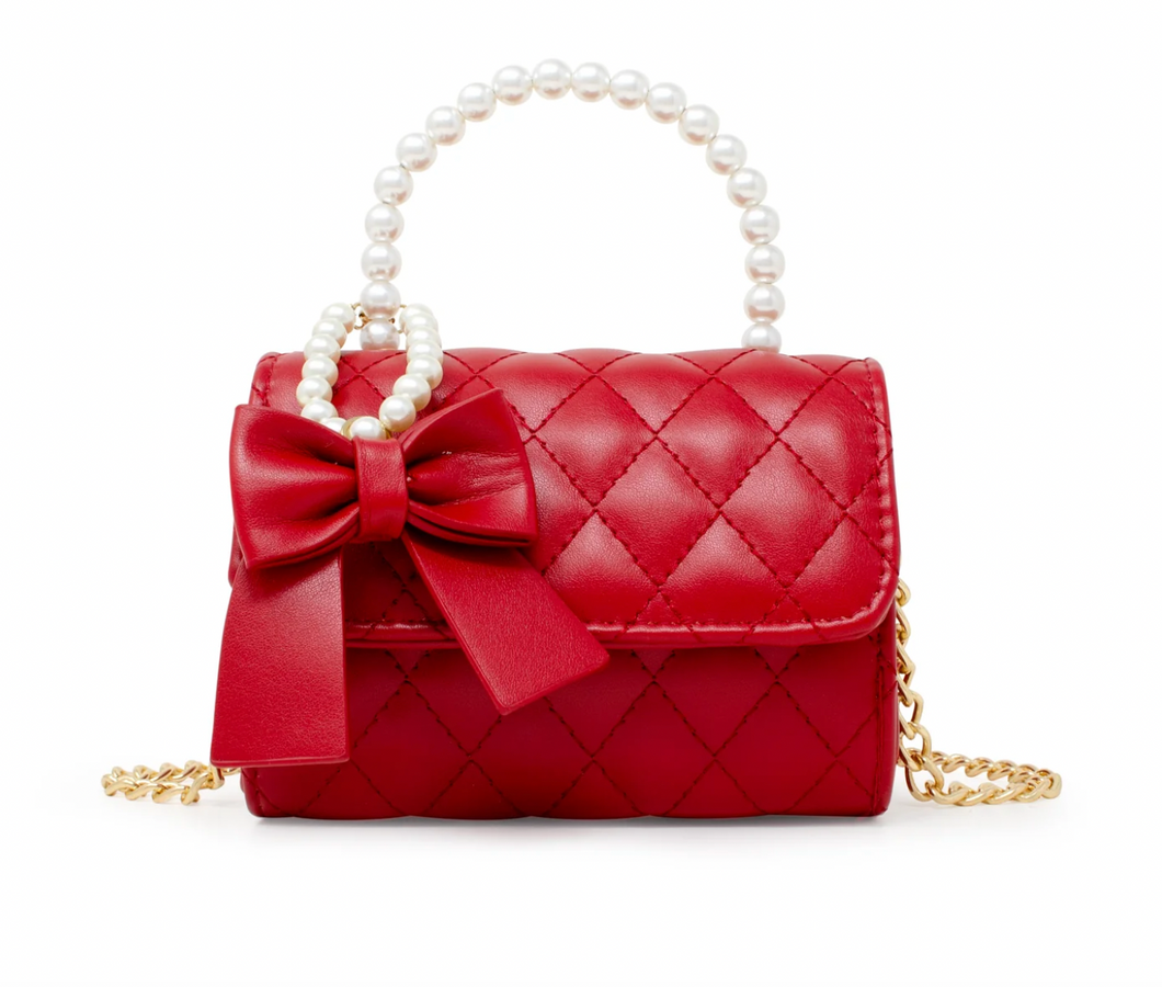 Zomi Gems Quilted Pearl Handle Bow Ribbon Handbag - Red