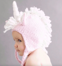 Load image into Gallery viewer, Blueberry Hill Ella Unicorn Knit Baby Hat Pink &amp; White 3–12M
