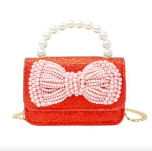 Zomi Gems Glitter Pearl Handle Bow Handbag - Red