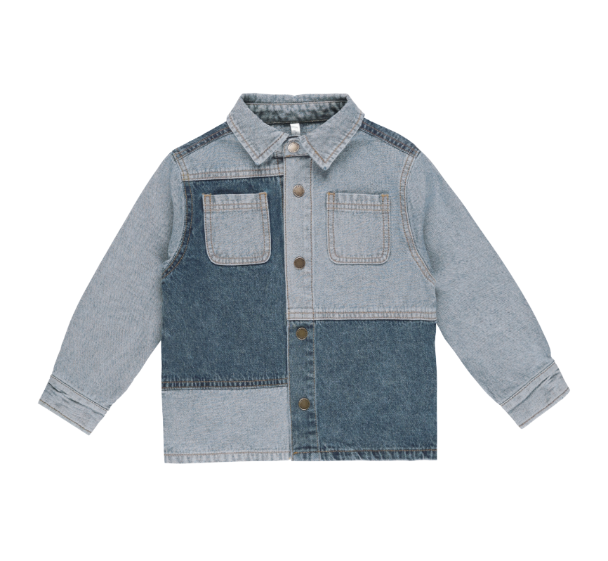 Rylee + Cru Patchwork Overshirt Light Washed Denim Size 6-7Y
