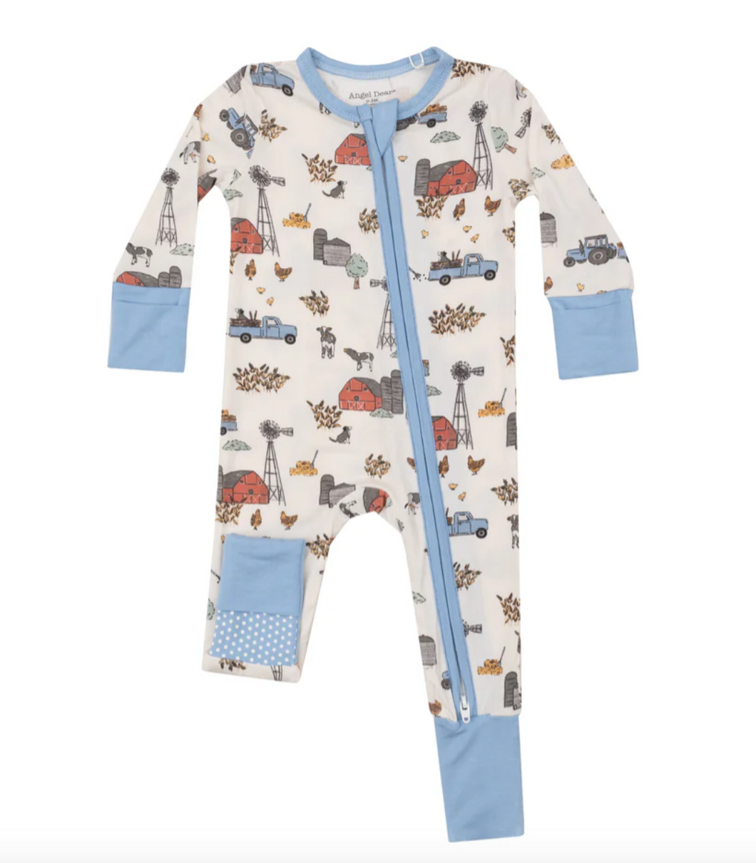 Angel Dear 2 Way Zipper Romper Hay Farmer Blue Size 0-3m