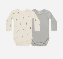 Load image into Gallery viewer, Quincy Mae Jersey Bodysuit 2 Pack Moons, Blue Micro Stripe
