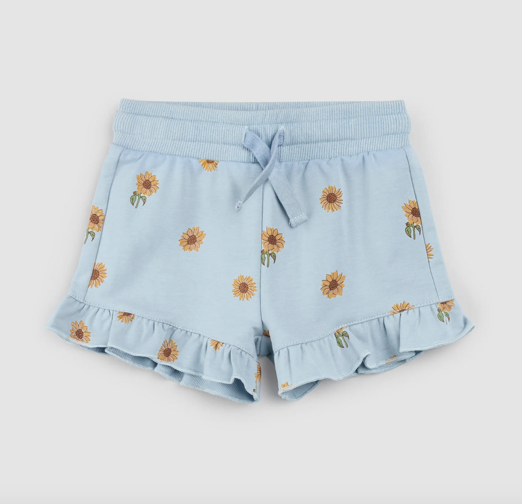 Miles The Label Sunflower Print On Blue Ruffled Shorts