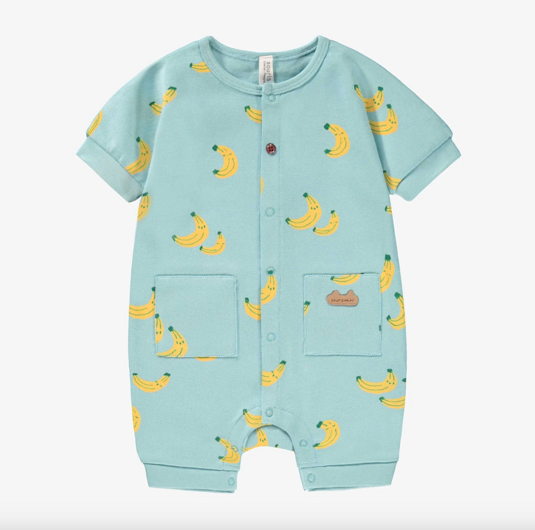 Souris Mini Blue Pajamas With Banana All Over Print In Ribbed knit