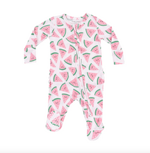 Load image into Gallery viewer, Angel Dear Watermelon Hearts 2 Way Zipper Ruffle Back Footie Size Newborn
