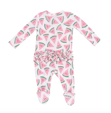 Load image into Gallery viewer, Angel Dear Watermelon Hearts 2 Way Zipper Ruffle Back Footie Size Newborn
