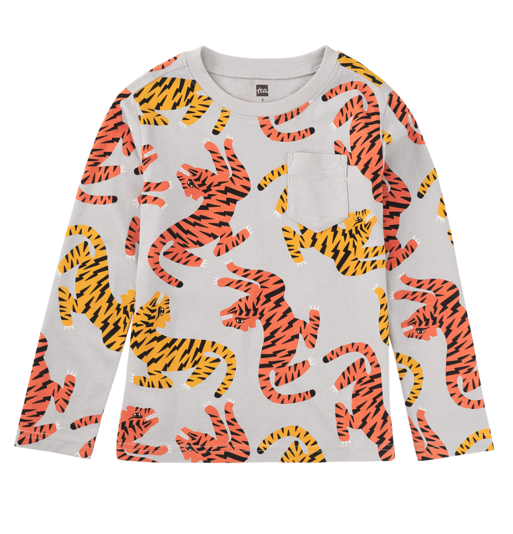 Tea Collection Long Sleeve Printed Pocket Tee Lightning Tiger