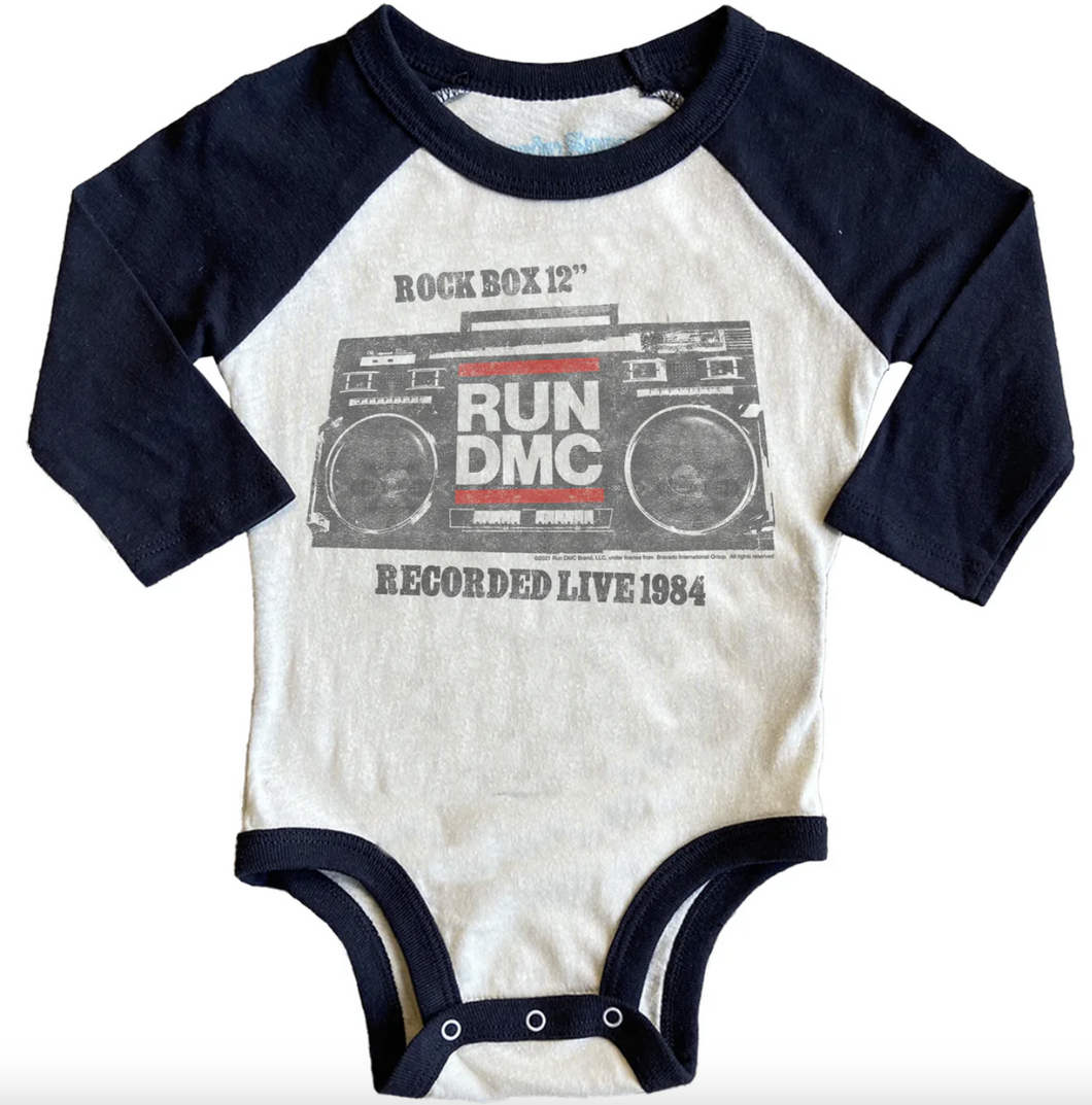 Rowdy Sprouts Rub DMC Rock Box Recycled Raglan Onesie Vintage Black Size 3-6m
