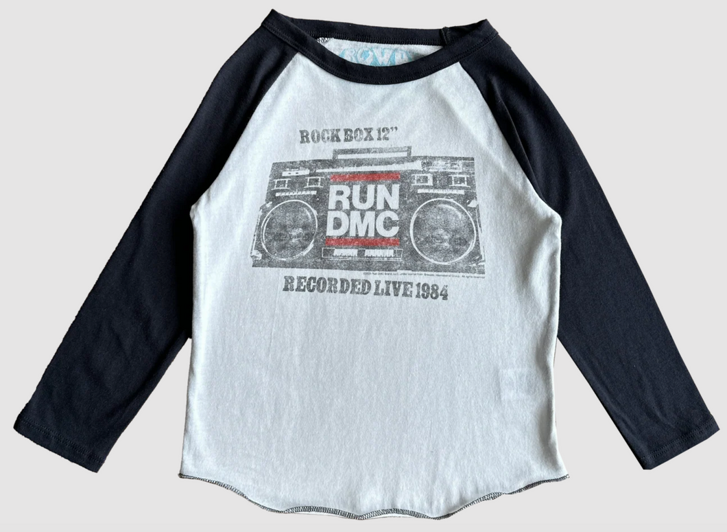 Rowdy Sprouts Run DMC Rock Box Recycled Raglan Tee Vintage White and Black