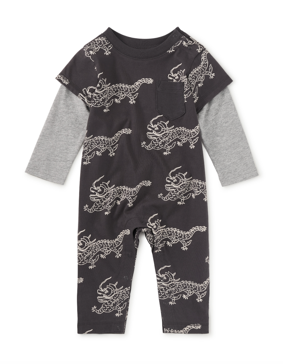 Tea Collection Layered Button-Up Baby Romper Korean Pottery Dragon