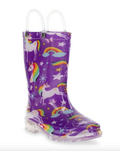 Load image into Gallery viewer, Western Chief Rainbow Unicorn Lighted Rain Boot Purple
