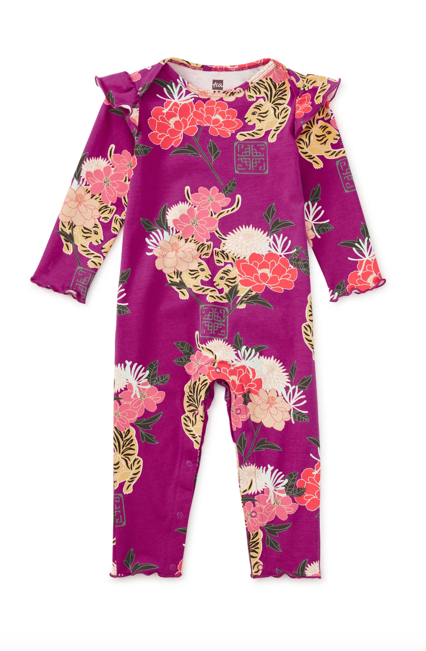 Tea Collection Ruffle Shoulder Baby Romper Tiger & Peony