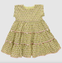 Load image into Gallery viewer, Pink Chicken Girls Peachy Dress Green Prairie Block Print
