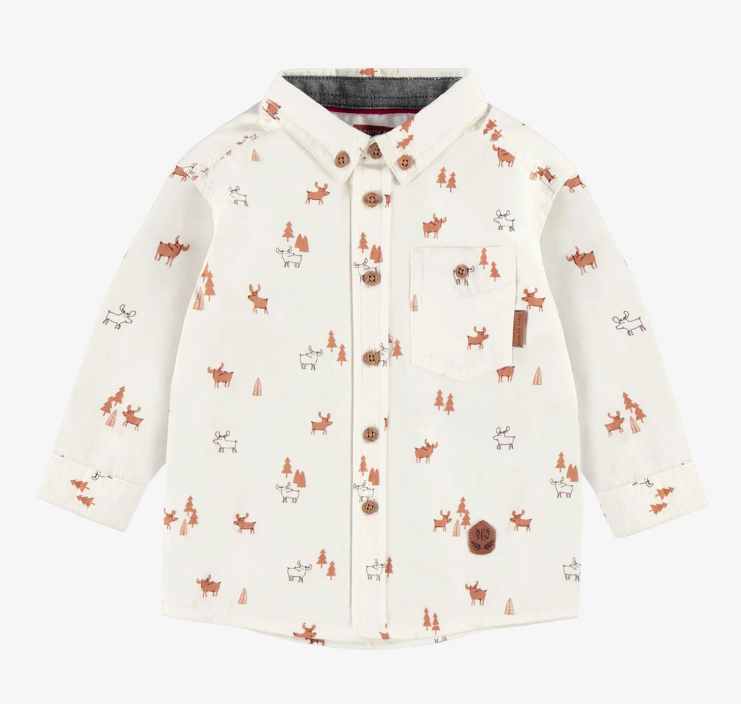 Souris Mini Cream Reindeer Shirt in Peach-Skin-Effect Cotton Poplin