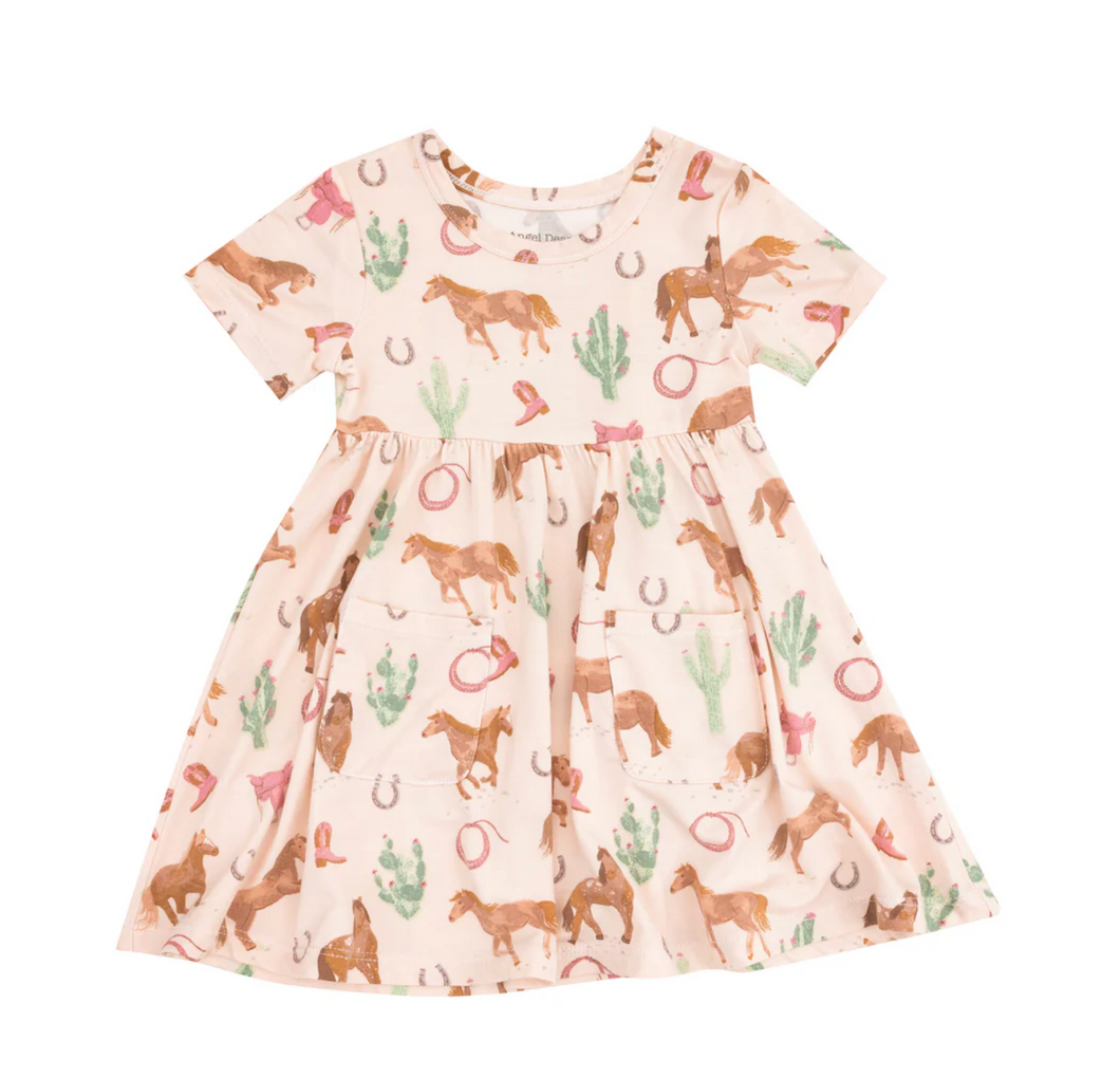 Angel Dear Short Sleeve Twirly Dress Western Horses Pink Size 18-24m