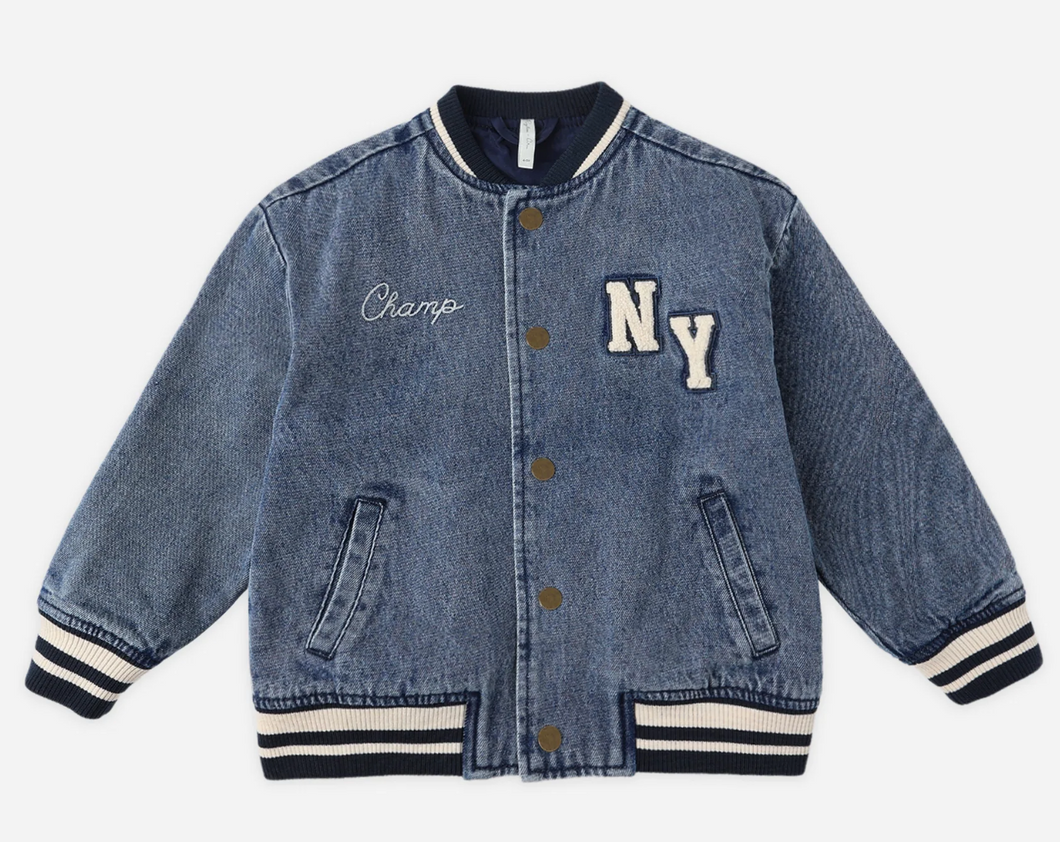 Rylee + Cru Varsity Jacket Indigo Blue Denim