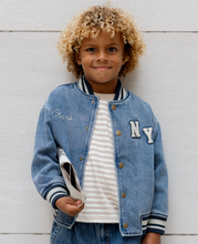 Load image into Gallery viewer, Rylee + Cru Varsity Jacket Indigo Blue Denim
