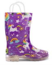 Load image into Gallery viewer, Western Chief Rainbow Unicorn Lighted Rain Boot Purple
