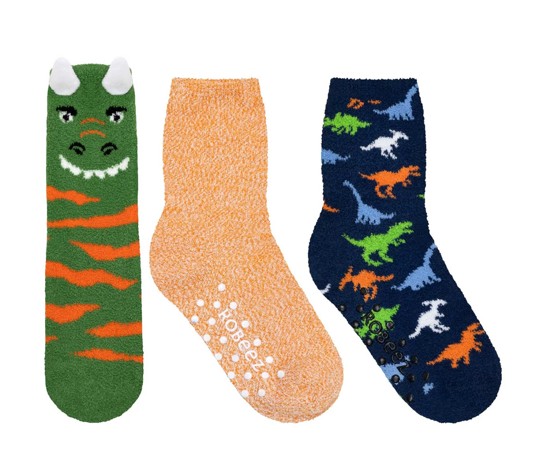 Robeez Dino Stripe Cozies 3-Pack Crew Socks Olive For Toddlers And Kids