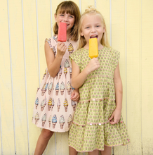 Load image into Gallery viewer, Pink Chicken Girls Peachy Dress Green Prairie Block Print
