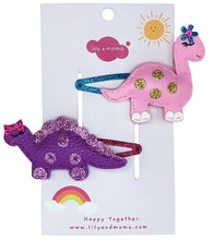 Load image into Gallery viewer, Lily &amp; Momo Little Dino Hair Clips - Purple and Pink
