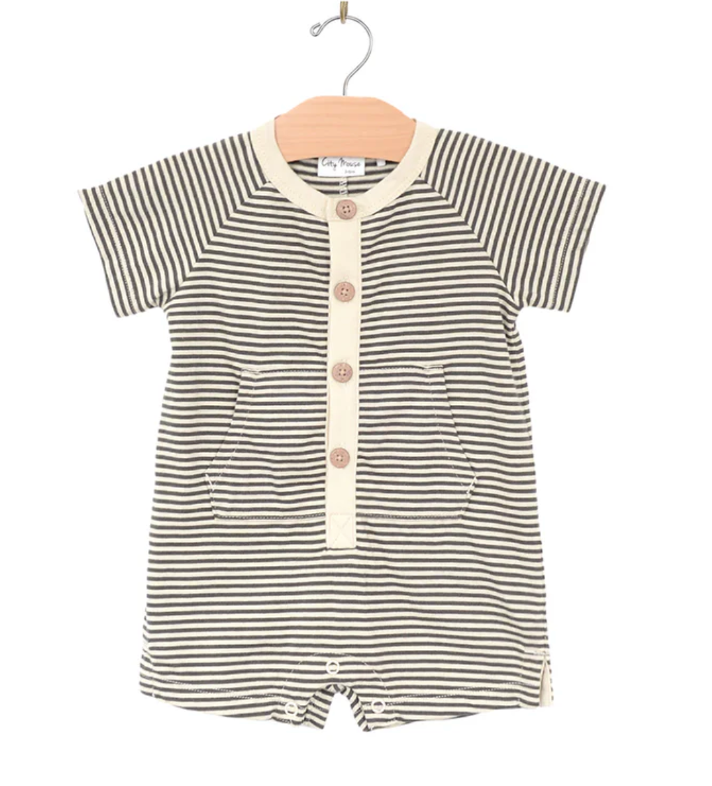 City Mouse Kangaroo Pocket Romper Charcoal Stripe