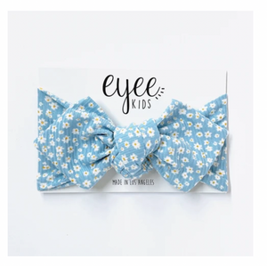 Eyee Kids Top Knot Headband Baby Blue Floral (Ribbed Knit)