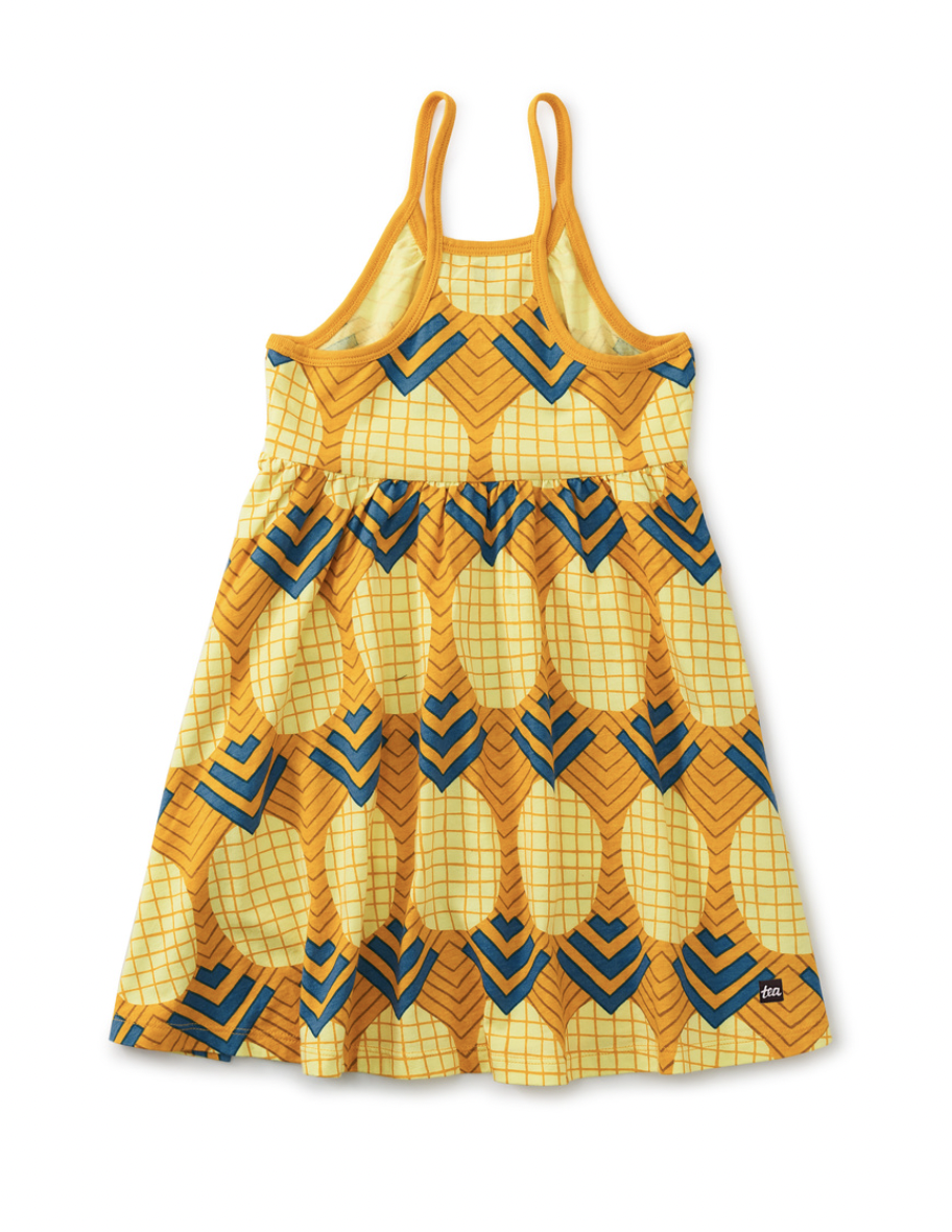 Tea Collection Spaghetti Strap Trapeze Dress Wax Print Pineapple In Gold Size 2 Years
