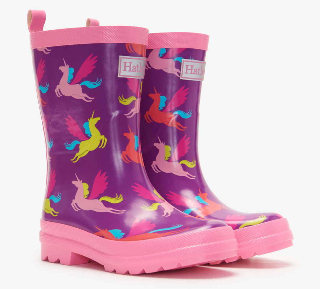 Hatley Pretty Pegasus Shiny Rain Boots & Matching Socks Dahlia