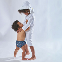 Load image into Gallery viewer, Green Sprouts Swim Diaper Navy Sailboat Stripe Size 6M

