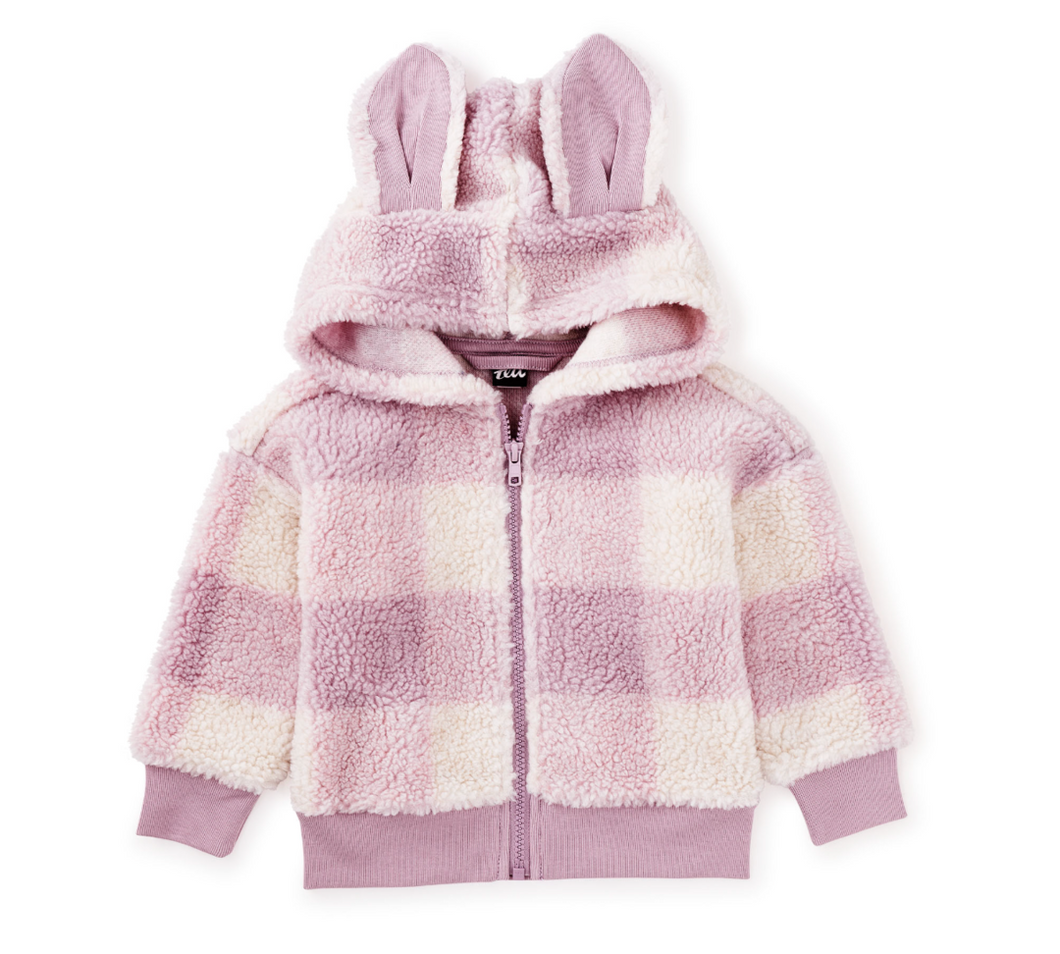 Tea Collection Teddy Fleece Bunny Ears Hoodie Buffalo Plaid Size 6-9m
