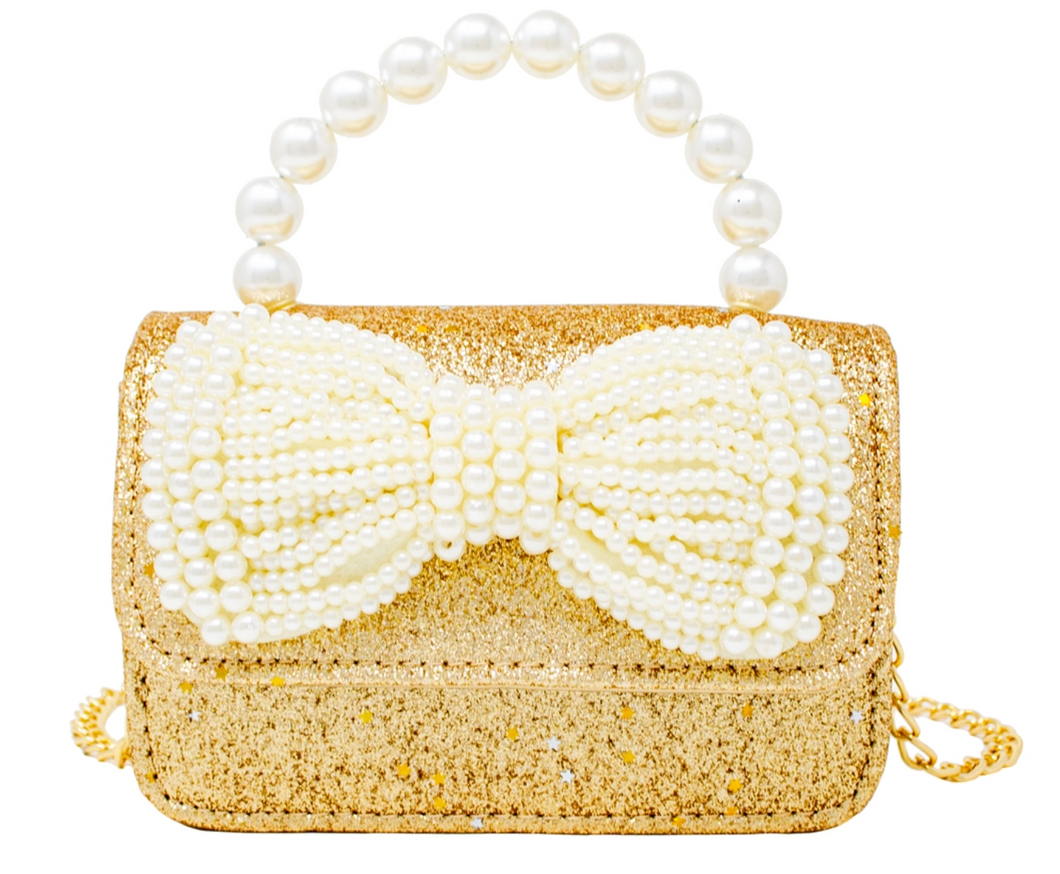 Zomi Gems Glitter Pearl Handle Bow Handbag Gold