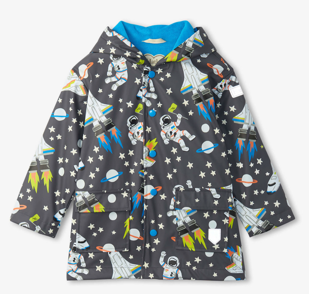 Hatley Outer Space Colour Changing Raincoat Gray Pinstripe