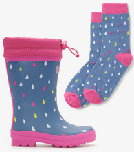 Load image into Gallery viewer, Hatley Tiny Drops Sherpa Lined Rain Boots &amp; Matching Socks Blue Horizon
