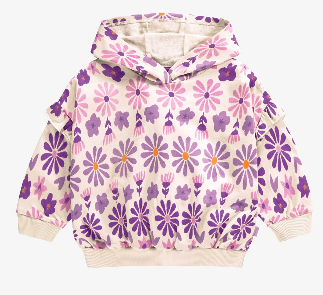 Souris Mini Cream Hoodie With Purple Floral Print In French Terry Baby
