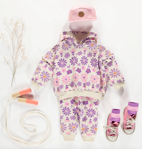 Souris Mini Cream Hoodie With Purple Floral Print In French Terry Baby