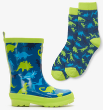 Load image into Gallery viewer, Hatley Real Dinos Shiny Rain Boots &amp; Matching Socks Moroccan Blue
