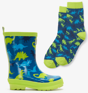 Hatley Real Dinos Shiny Rain Boots & Matching Socks Moroccan Blue