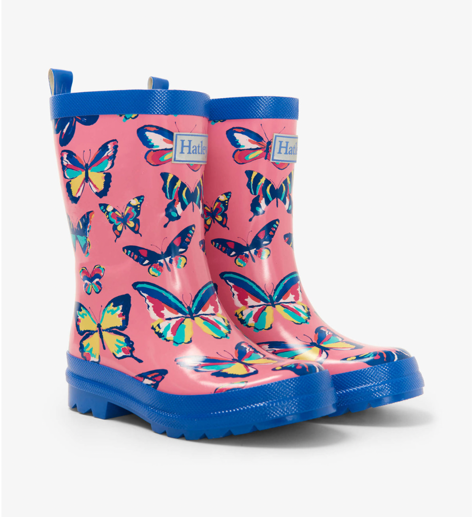 Hatley Vibrant Butterflies Shiny Rain Boots Size 2 Youth C Silver